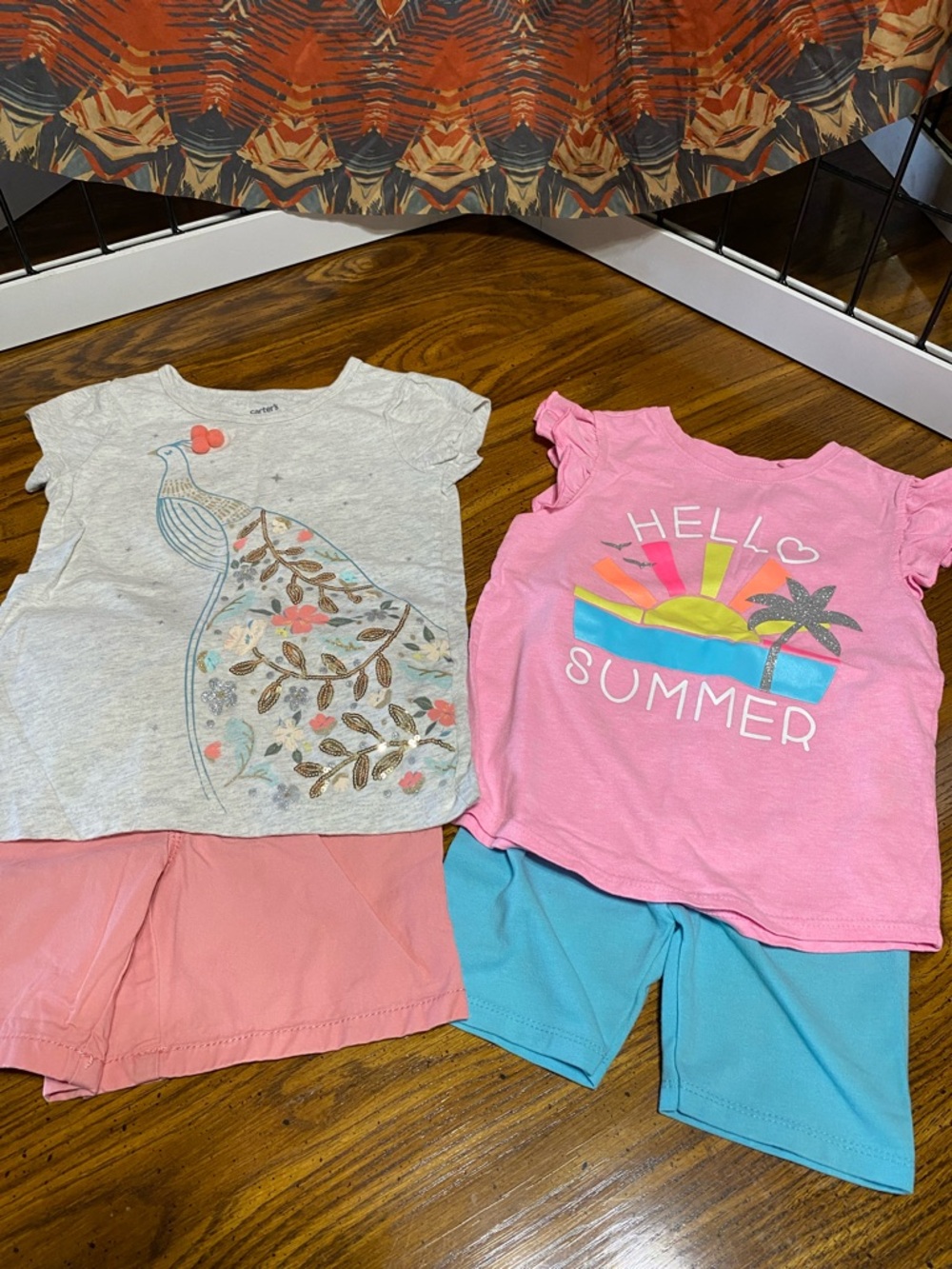 Carter's White Heather Tee Teal and Coral Bird Graphic  and Garanimals short set